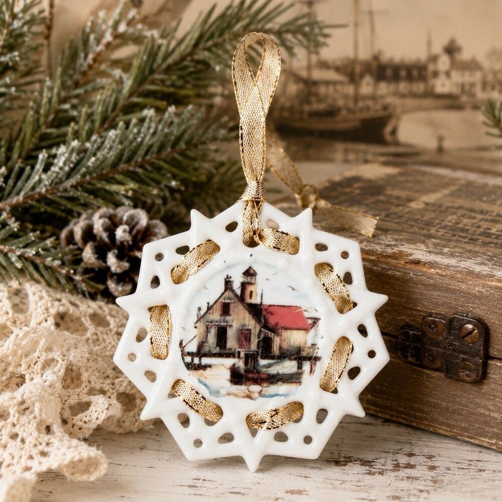 Vintage Cedar Key FL Milk Glass Lace Snowflake Christmas Ornament Souvenir 3”